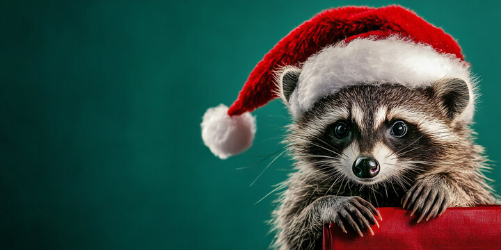 Banner For racoon wearing santa hat for christmast, isolated solid color background with copy space