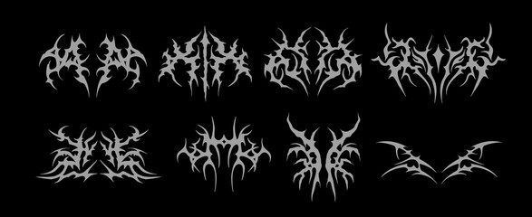 Neo tribal shapes. Y2K gothic symmetrical elements. Cyber sigilism tattoo designs. Vector set