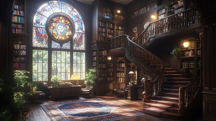 Obraz premium Grand Library Interior with Stained Glass Window