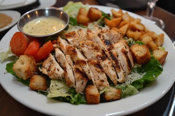 A tasty Caesar salad with chicken parmesan dressing and croutons