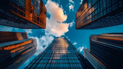 Towering avant-garde skyscraper surrounded by ordinary rectangular office buildings, symbolizing innovation amidst conformity, Skyscraper, Urban innovation