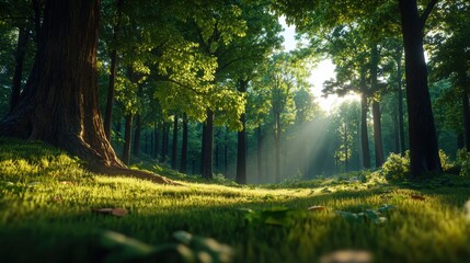 Obraz premium Serene Forest Scene with Sunlight Streaming Through Leaves, Lush Green Grass and Majestic Trees Creating a Peaceful Natural Environment at Dawn