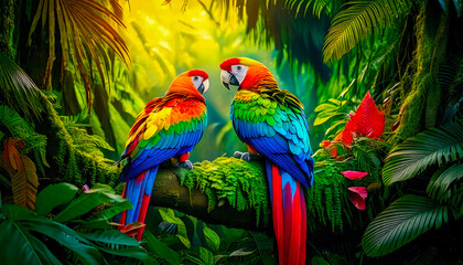 Fototapeta premium A vibrant, feathered parrot perches amidst the lush jungle foliage, its feathers shimmering