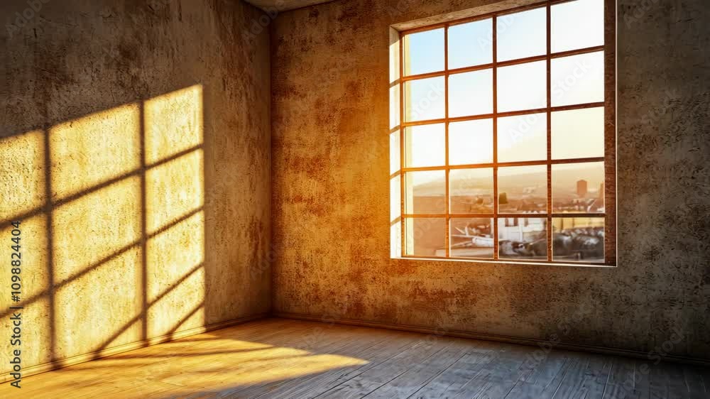 Aufkleber soft sunlight casts shadows in an empty room with rustic walls and a large window overlooking the ci