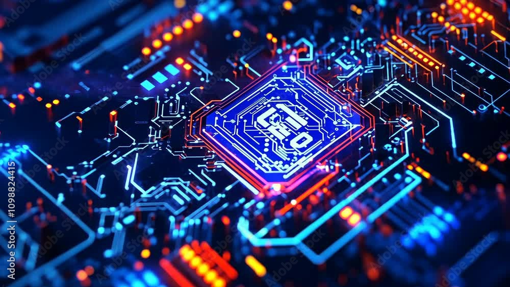 Poster intricate patterns of glowing blue, orange and red circuit lines illuminate a central microchip proc