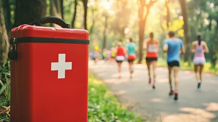 A first aid kit stands on a sunny path as runners jog by, emphasizing safety in outdoor fitness activities.