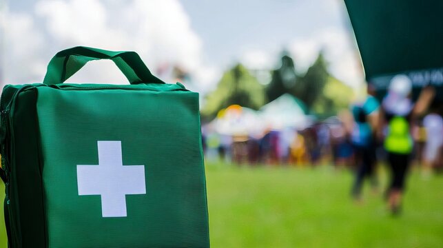 Green first aid kit on a sunny day at an outdoor event, emphasizing safety and preparedness.
