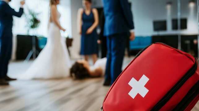 A dramatic scene at a wedding with a fallen bride, first aid kit in focus, and wedding guests in background.