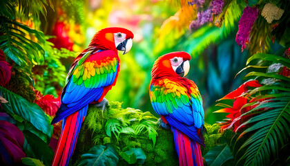  A vibrant, feathered parrot perches amidst the lush jungle foliage, its feathers shimmering