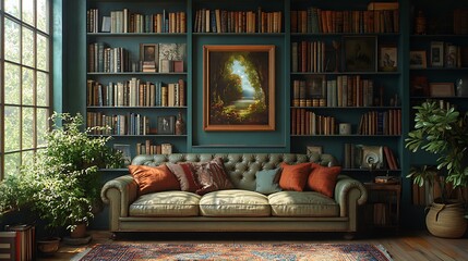 Fototapeta premium Cozy Library Living Room Interior Design