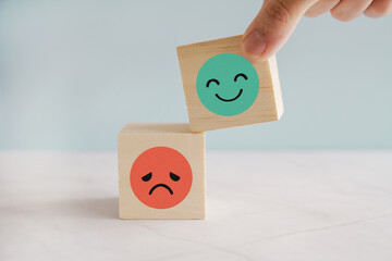 Hand choosing happy smile face wooden block, good feedback rating and positive customer review,...