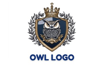 A logo featuring an owl within a decorative shield and crown.