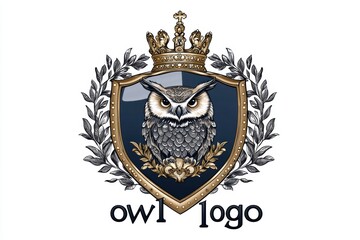 Obraz premium An ornate logo featuring an owl with a crown on a shield, symbolizing wisdom.