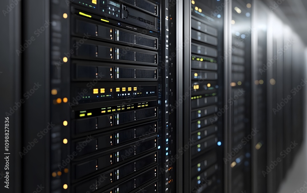 Aufkleber a close-up view of server racks in a data center, showcasing technology and infrastructure.