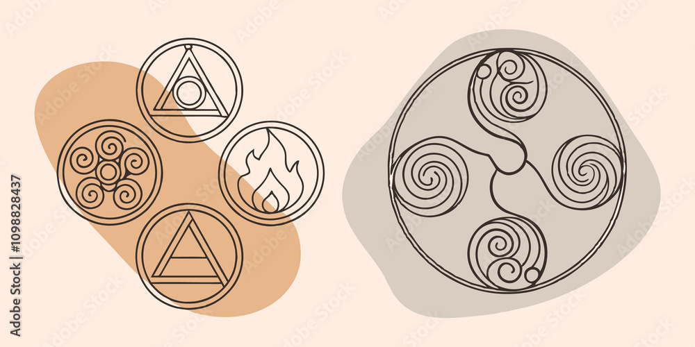 Poster These descriptions aim to evoke vivid imagery of the elemental symbols expressed through geometric patterns and designs.