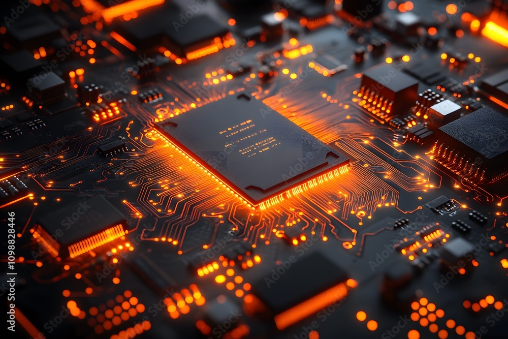 Poster a close-up view of a circuit board with glowing orange components, showcasing technology.