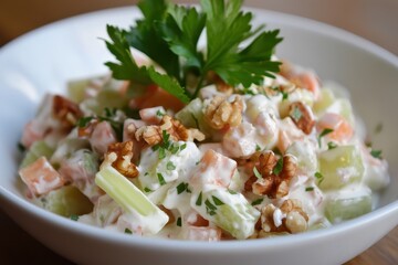 Classic Waldorf salad featuring celery apple walnuts and yogurt dressing