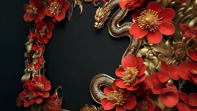 Elegant golden snake and red flowers border on dark background for chinese new year celebration