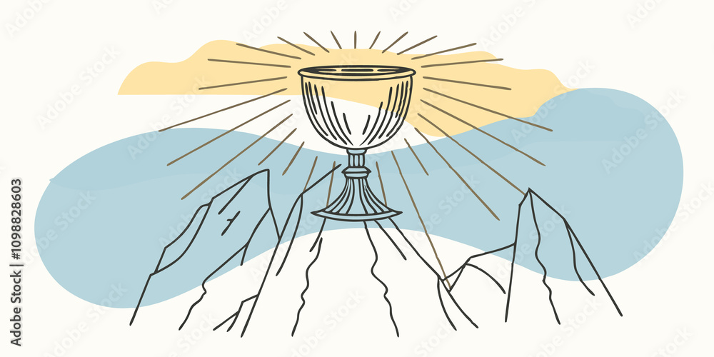 Poster transcendent vision illustrate a chalice atop a cliff with brilliant rays of sunlight breaking throu