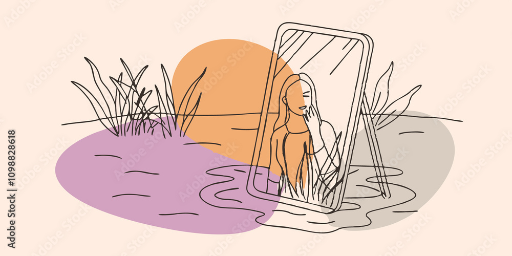 Poster Transformed Reflection In a tranquil pond a figure gazes at their reflection which shimmers in golden light. The reflection appears enlightened and radiant representing the