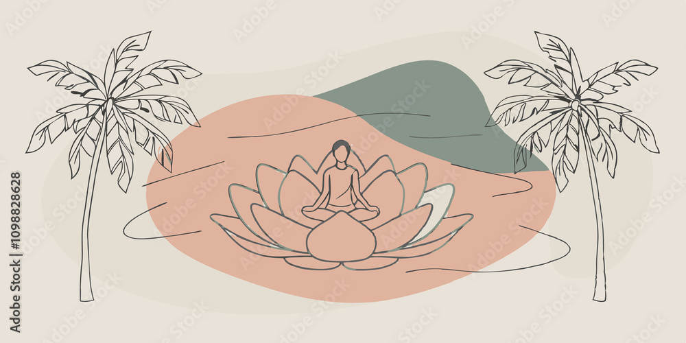 Leinwandbilder Tropical Vibes In a tropical setting a meditator sits on a bright pink lotus floating in sparkling turquoise water. Surrounding them are palm trees swaying gently in the breeze