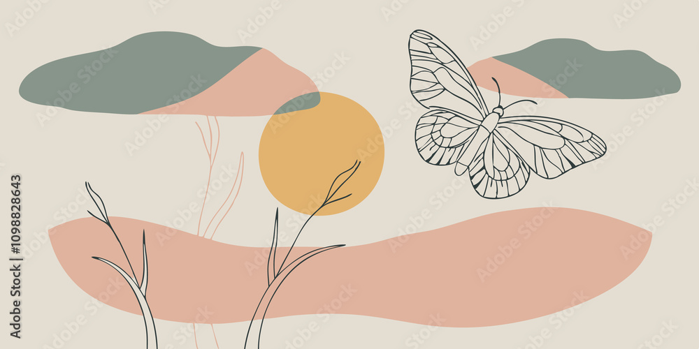 Aufkleber Twilight Awakening The illustration depicts a serene twilight scene where soft pastel colors blend in the sky. From a luminous orb a butterfly with delicate iridescent wings