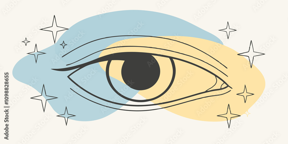 Poster Universal Connection A single soulful eye peers through a delicate curtain of stars with tiny flecks of light appearing to dance and pulse around it suggesting deep emotion and