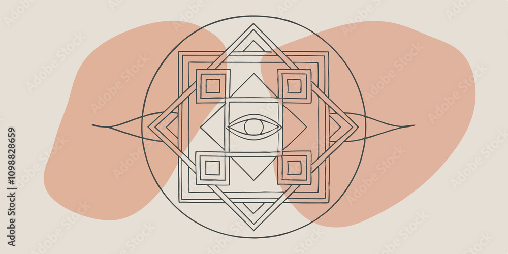 Poster Unity of Sight At the center of a mandala comprised of interconnected square patterns a watchful eye gazes forward. Multicolored light flows from the eyes edges intertwining with