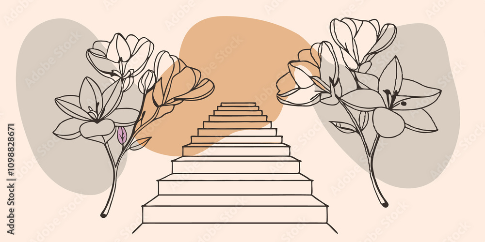 Poster Unfolding Petals The staircase is formed from delicate petals that unfurl with each step leading upward into a bright open expanse filled with light where gentle sounds of nature