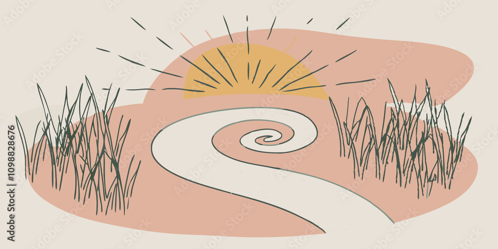 Poster Uplifted Meadow A spiral path through a tranquil meadow where the tall grass sways softly in the breeze. At the end of the path a sunburst explosion of light breaks through