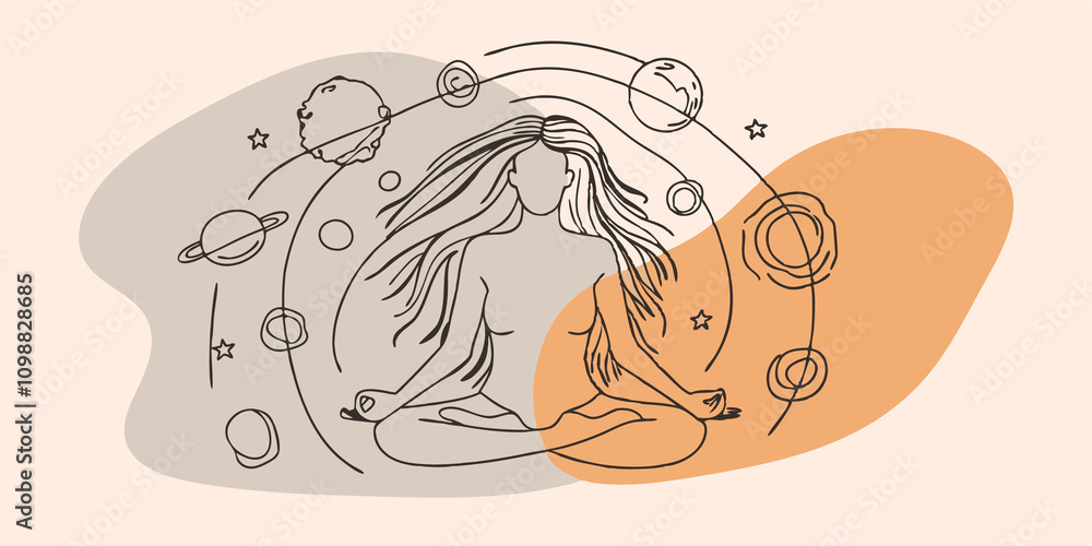 Poster universal harmony a side profile of a meditating figure with flowing hair surrounded by various cele