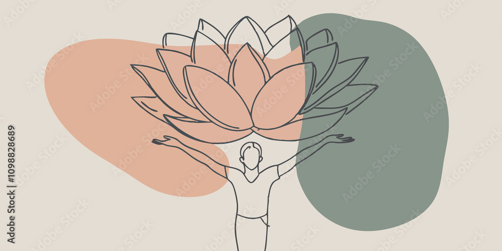 Poster Universal Flow A standing figure with arms open wide stands beneath a radiant lotus flower blooming above their crown. The petals are vibrant and saturated in color representing