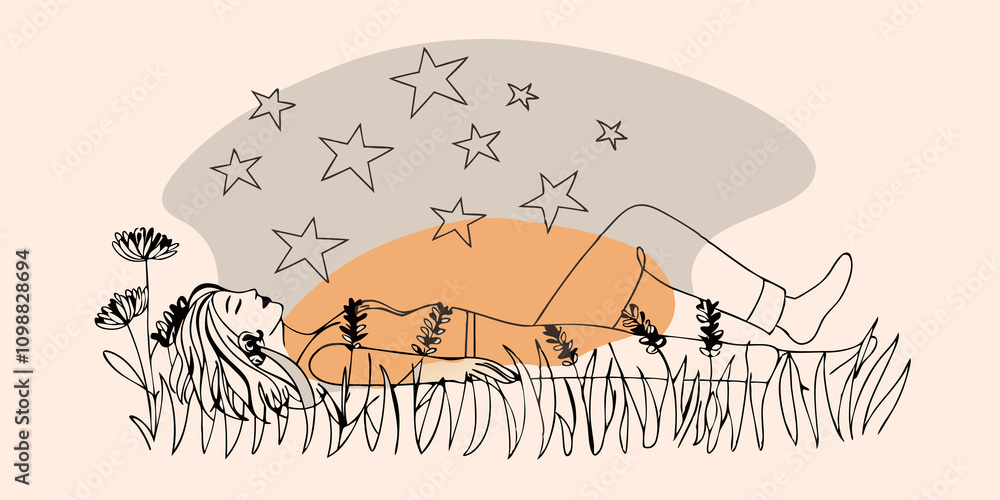 Aufkleber veil of serenity a figure relaxes a a field of wildflowers a veil of stars gently waving in the bree