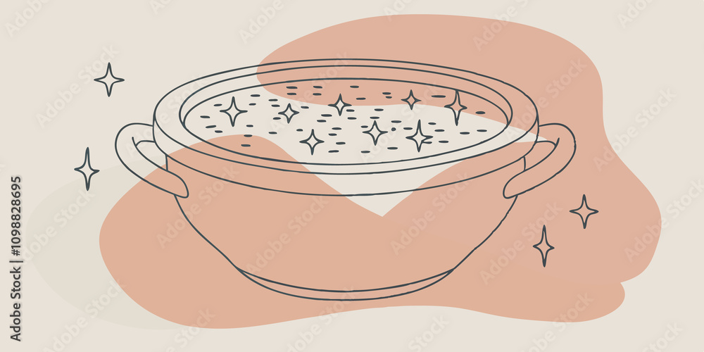 Poster veil of stars a simple clay cauldron rests on a bed of soft moss. inside a swirling vortex of starli