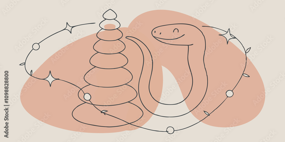 Poster whimsical style a cartoonstyle serpent smiling and colorful playfully coils around a rainbowcolored 