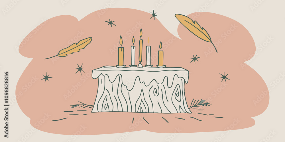 Poster whimsical wonderland a whimsical altar made of driftwood stands on a grassy knoll. colorful candles 