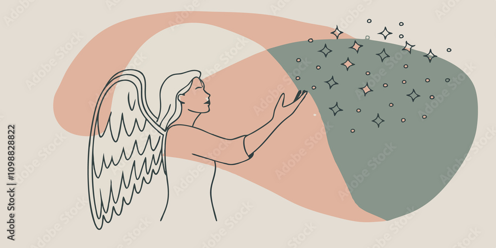 Poster Whispering Cosmos Envision an angelic figure gently extending its hand summoning a cascade of sparkling stardust from its wings. The ling particles float down like soft rain