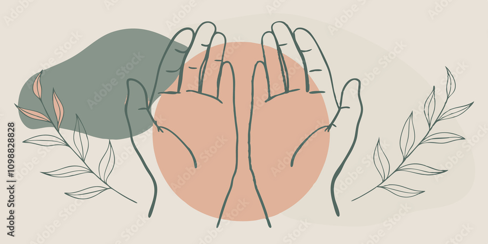 Poster Whisper of Nature Hands poised gently around a greenish orb that emits a soft calming glow. The background is faintly blurred with leaf patterns signifying a connection to nature