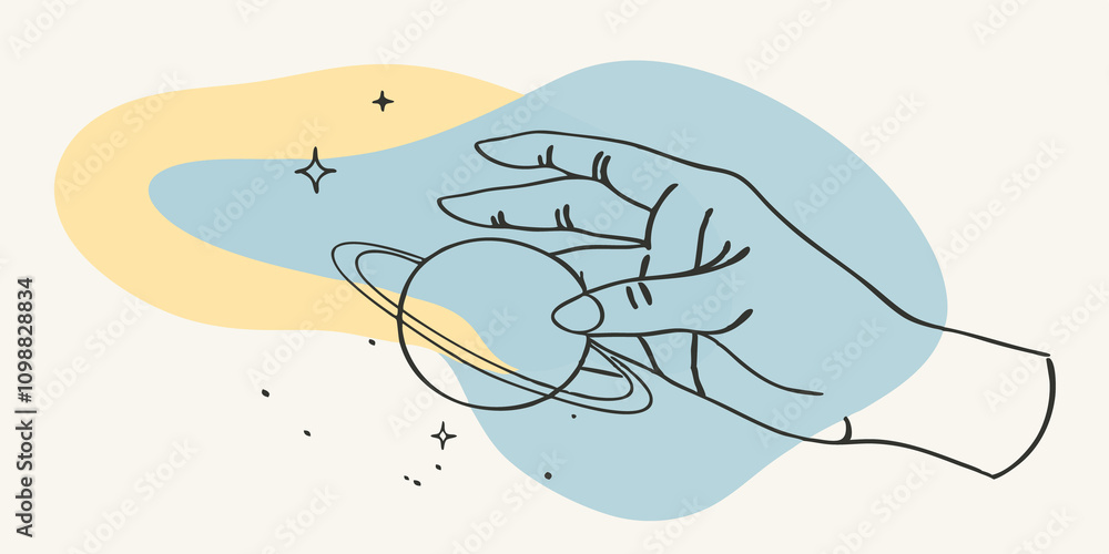 Poster Whispering Touch A gentle hand made of soft flowing light cradles a small shimmering planet that glows beneath its touch. Dustlike particles float around enhancing the sense of a