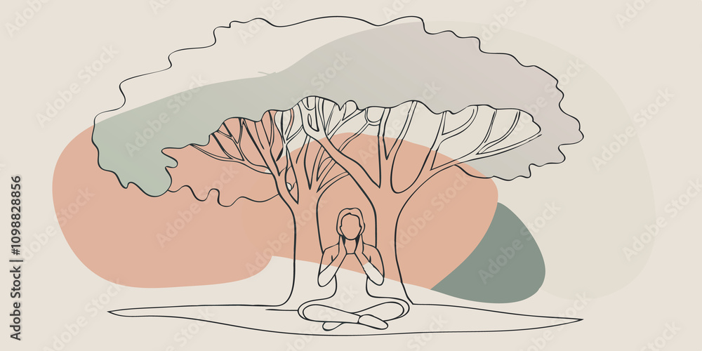 Poster whispers of nature show a tranquil scene where a person meditating under the oak tree has their hand