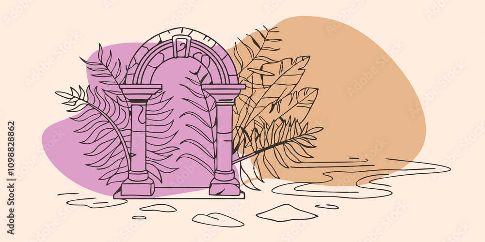 Poster Whispers of Time A halfcollapsed archway with intricate carvings partially hidden by vibrant ferns. The ground is littered with smooth stones and delicate leaves and the gentle