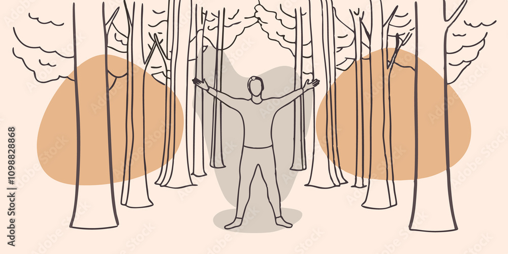 Poster whispers of the forest a person stands a tall gentle trees arms outstretched basking in golden rays 