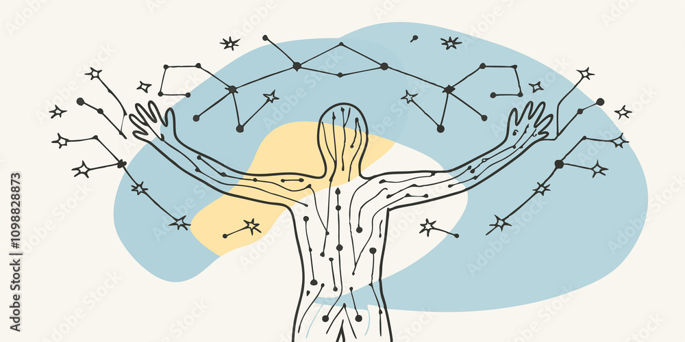 Poster Whispers of the Universe The figures arms open wide like branches seem to communicate with the cosmos. Tiny constellations emerge around their fingertips connecting the presence of