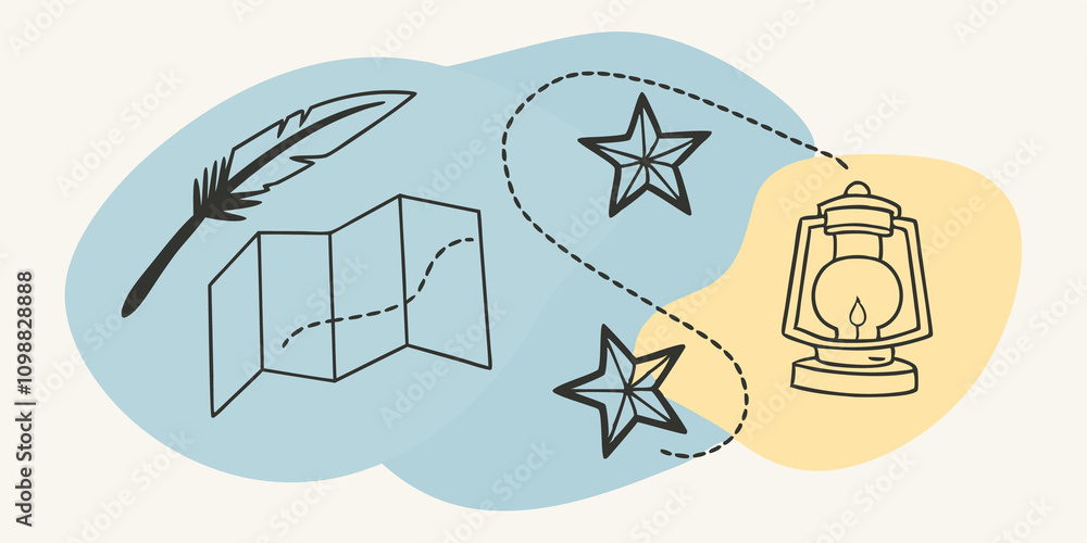 Poster Whispering Trails A trail of stars connects various constellations each adorned with symbols of guidance such as an open book a lantern and a feather. The path sparkles with
