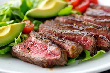 Fototapeta premium Close up of sliced skirt steak with salad and avocado on a plate leaving space for text