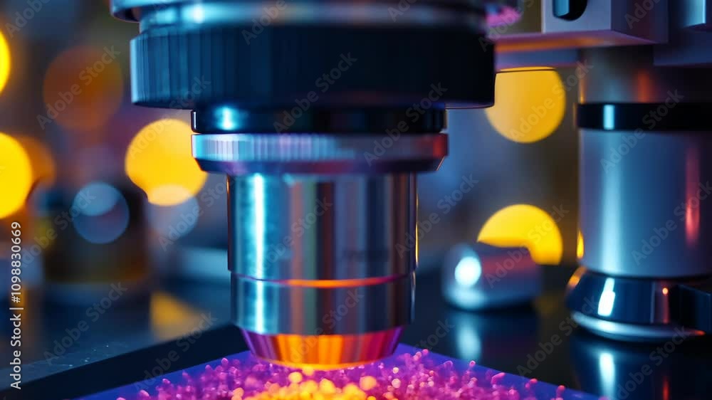 Poster close-up view of a microscope's objective lens positioned over a brightly illuminated, granular samp