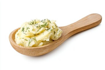 Dill flavored mashed potatoes in a wooden spoon on white background