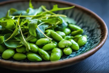 Elegant edamame salad with colorful greens served on a textured dish