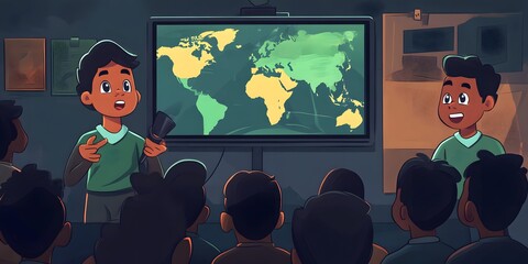 A classroom scene with a student presenting a world map to peers.