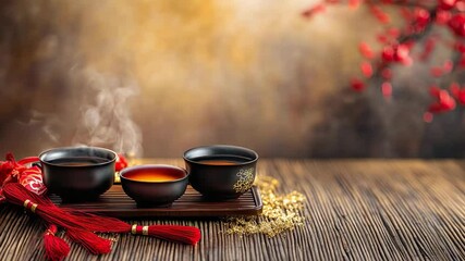 Vibrant lion dance puppet amidst lantern-adorned street celebrating chinese new year